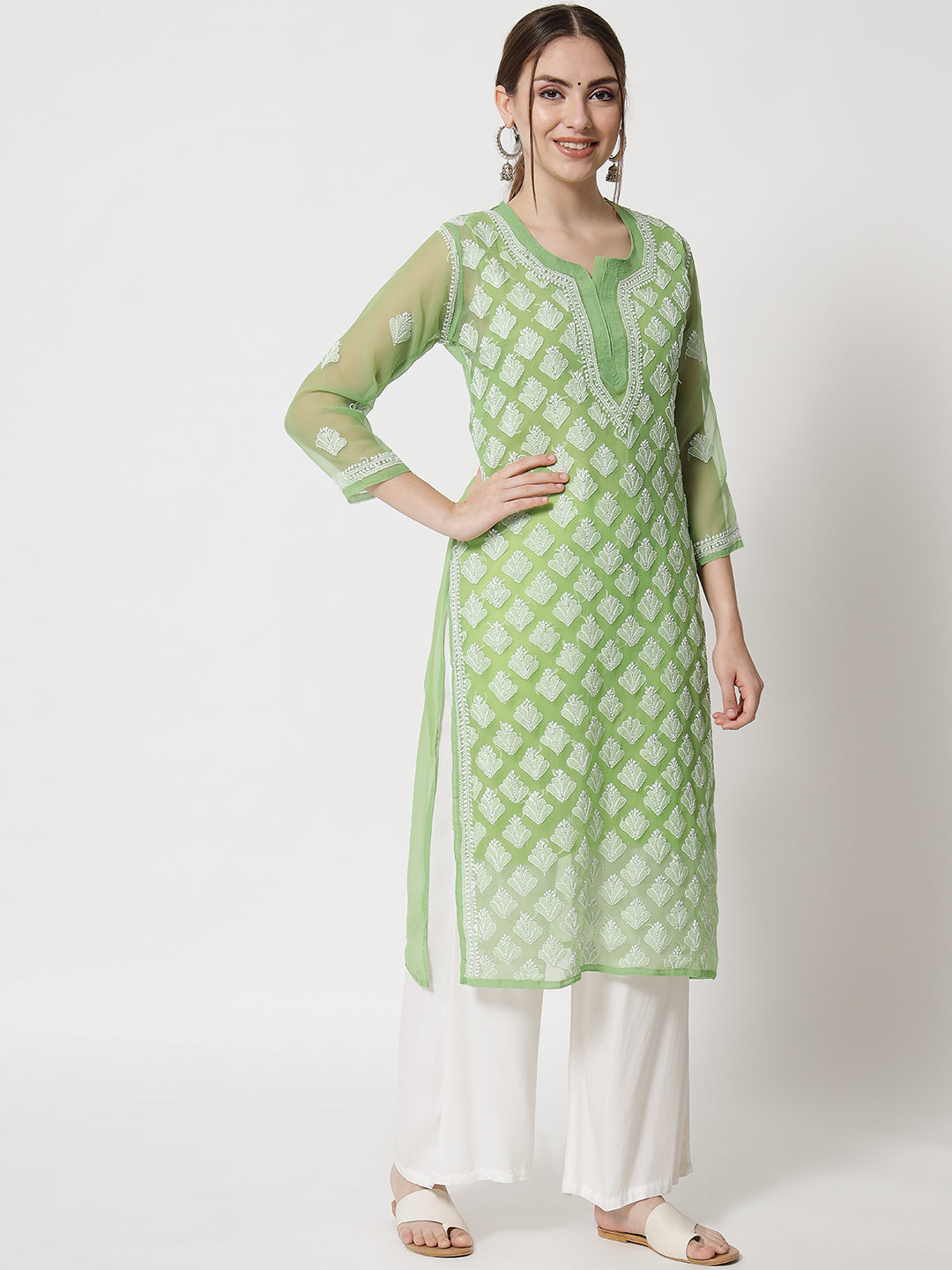Henna Green Marjan Georgette Booti Jaal Kurti & Inner