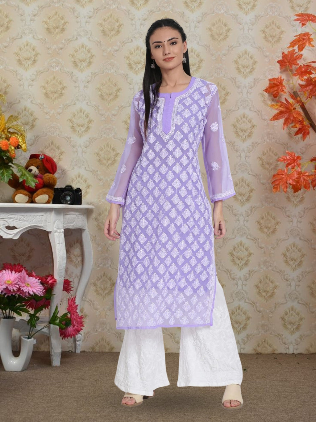 Lavender Marjan Georgette Booti Jaal Kurti & Inner