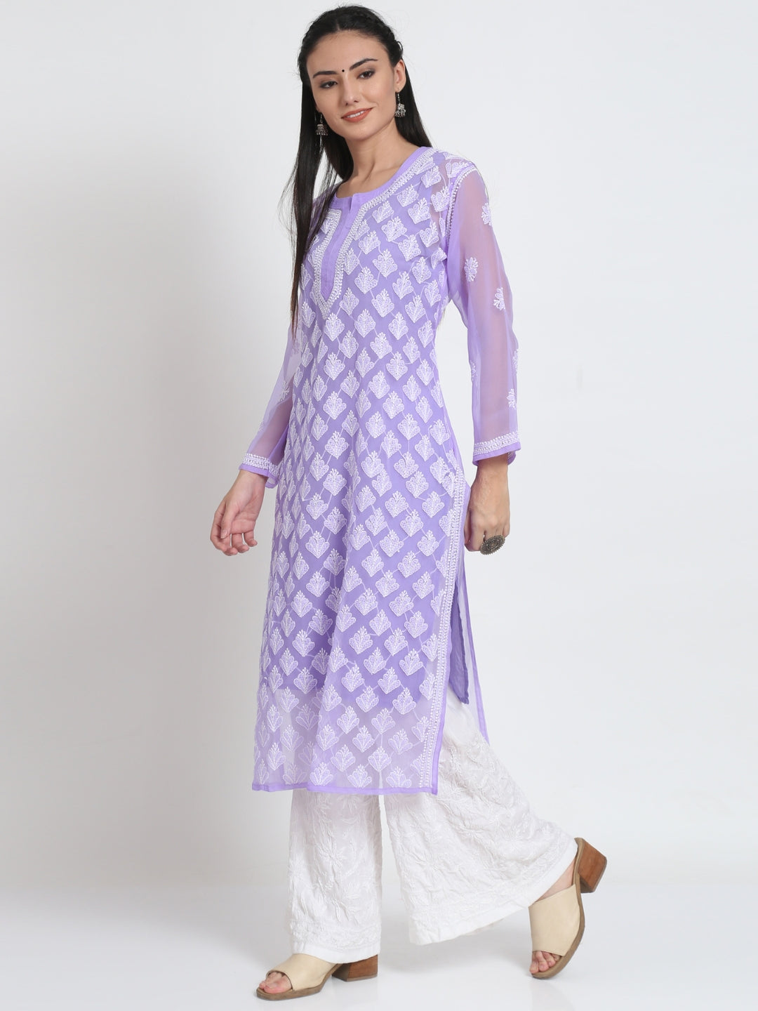 Lavender Marjan Georgette Booti Jaal Kurti & Inner
