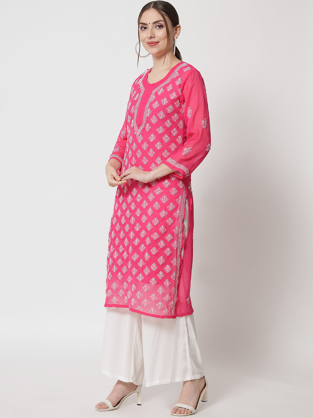 Women's Chiffon Georgette Chikankari Booti Jaal Kurti With Matching Cotton Inner