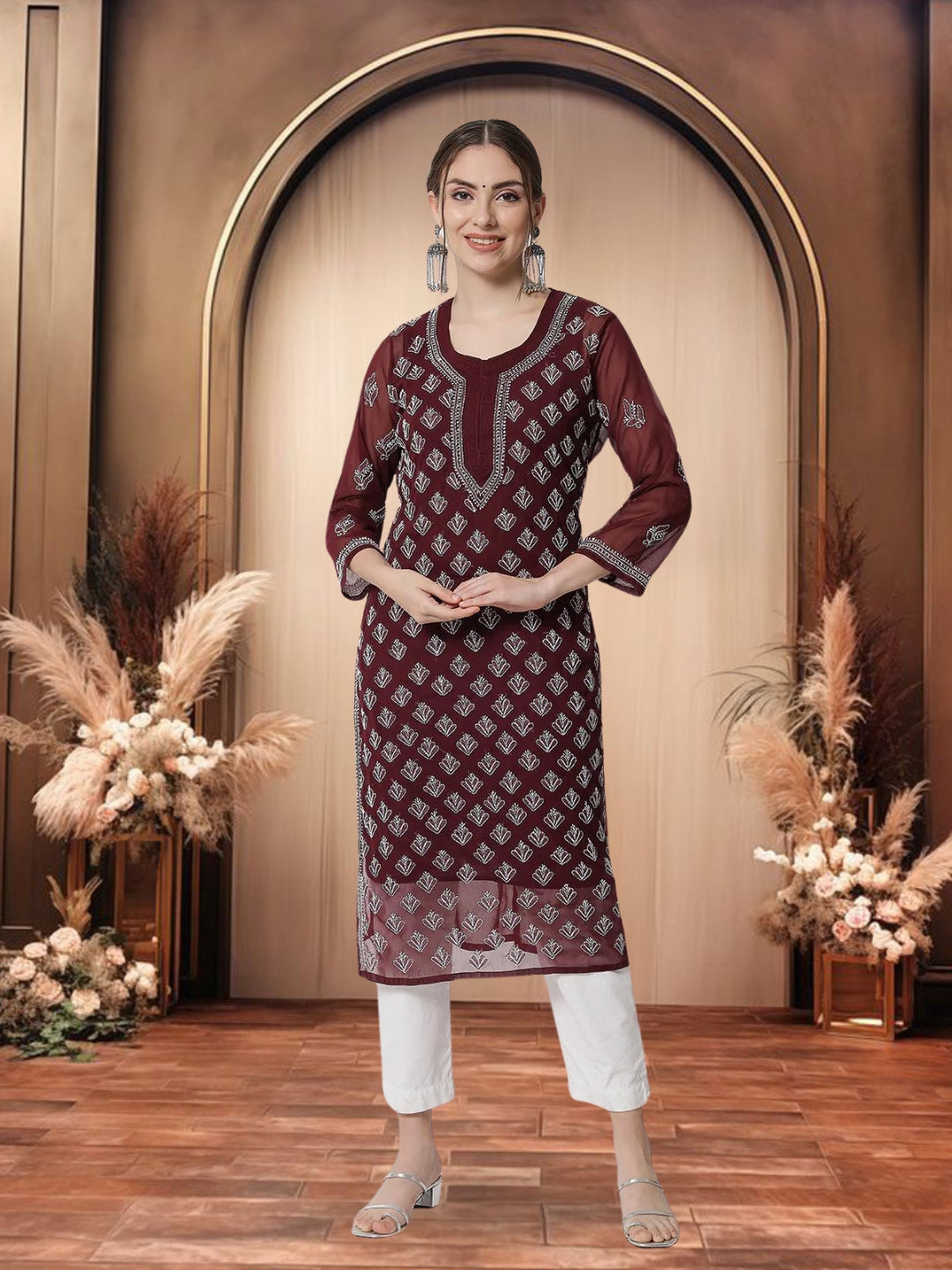 Maroon Marjan Georgette Booti Jaal Kurti & Inner