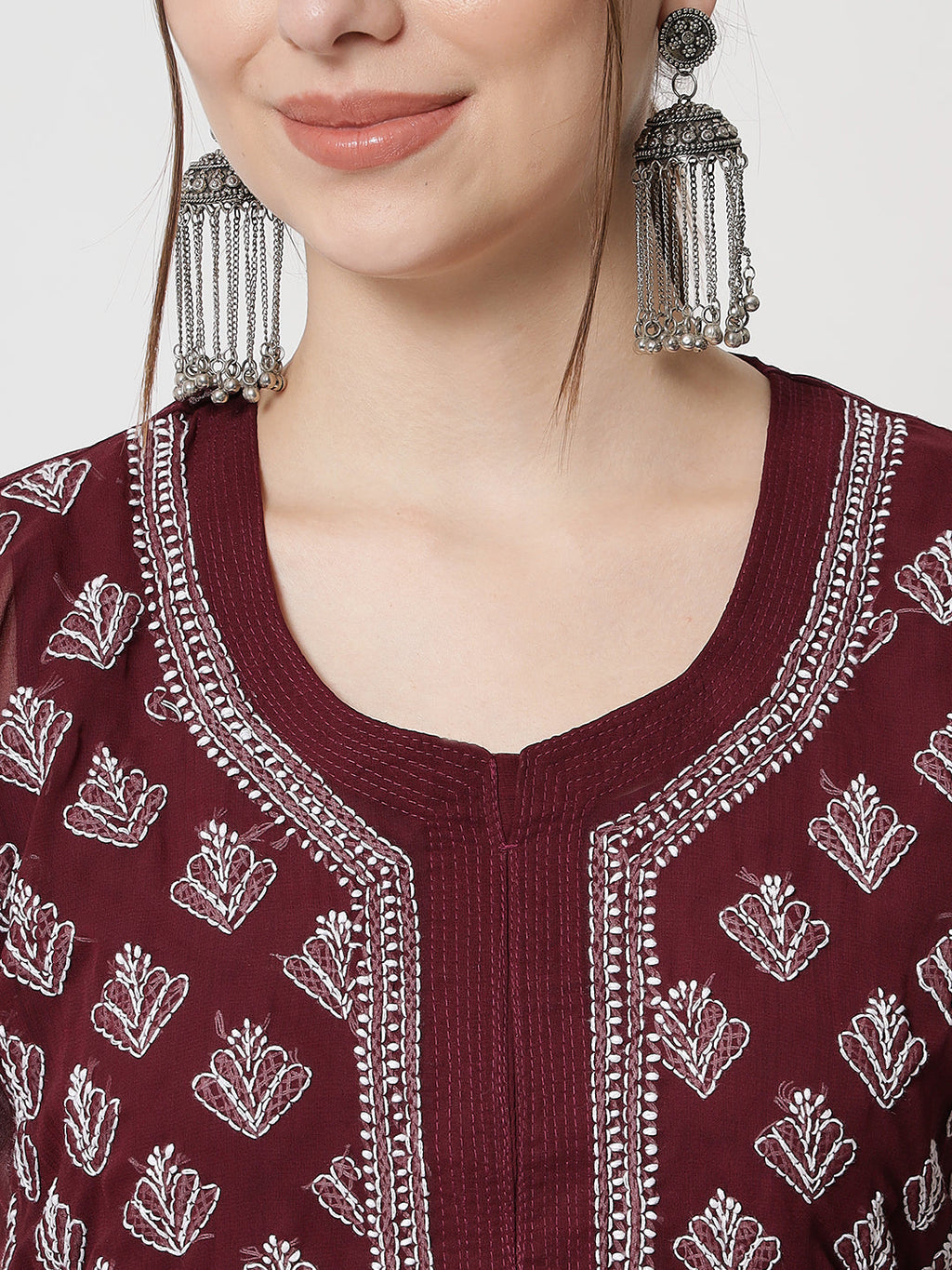 Maroon Marjan Georgette Booti Jaal Kurti & Inner