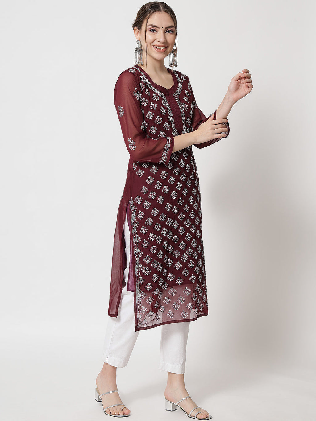 Maroon Marjan Georgette Booti Jaal Kurti & Inner