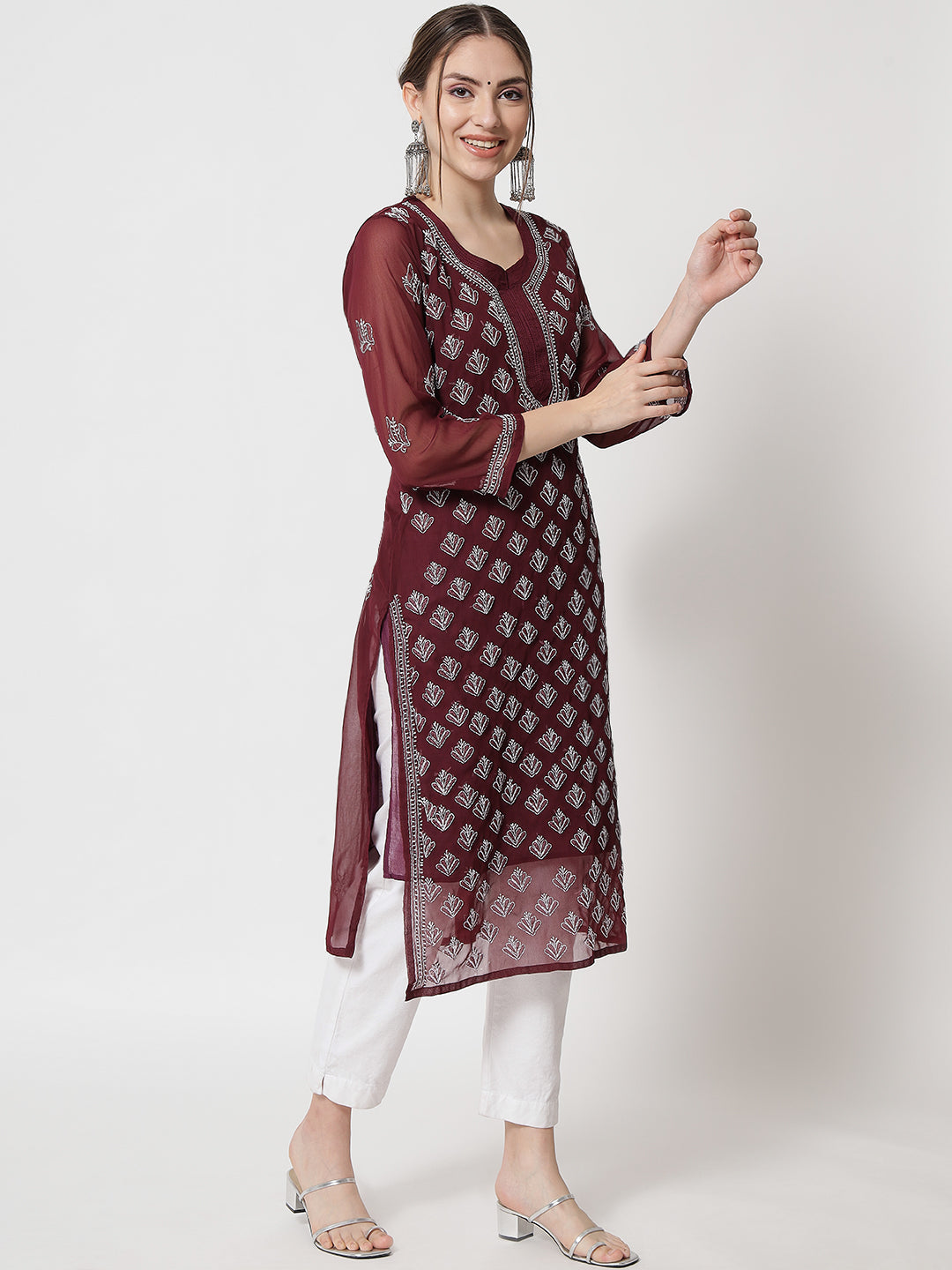Maroon Marjan Georgette Booti Jaal Kurti & Inner