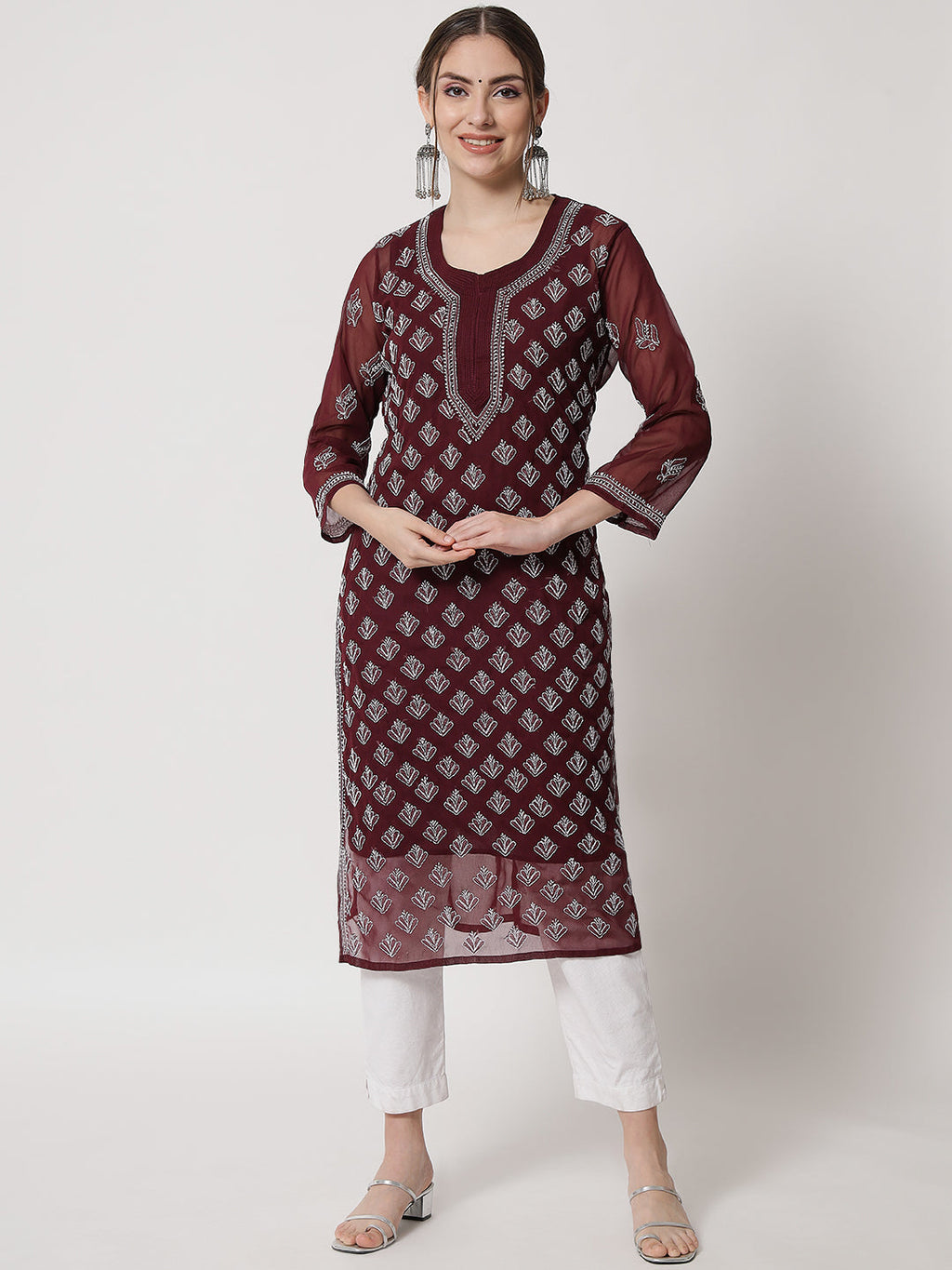 Maroon Marjan Georgette Booti Jaal Kurti & Inner