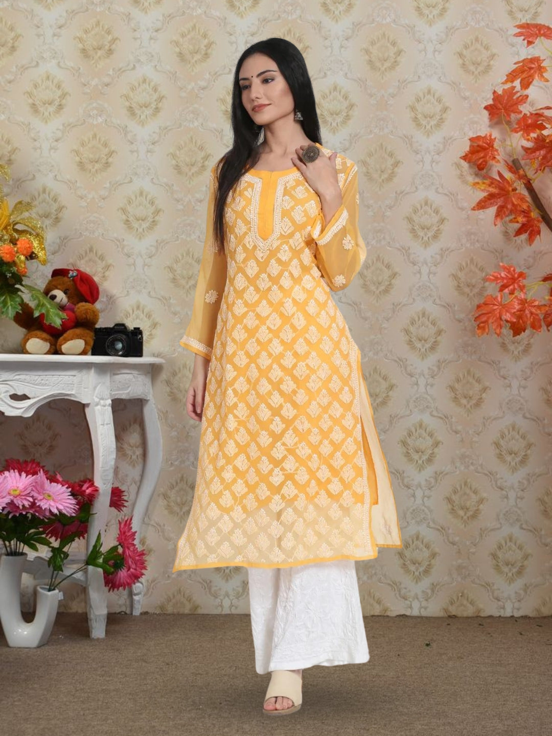 Mustard Marjan Georgette Booti Jaal Kurti & Inner