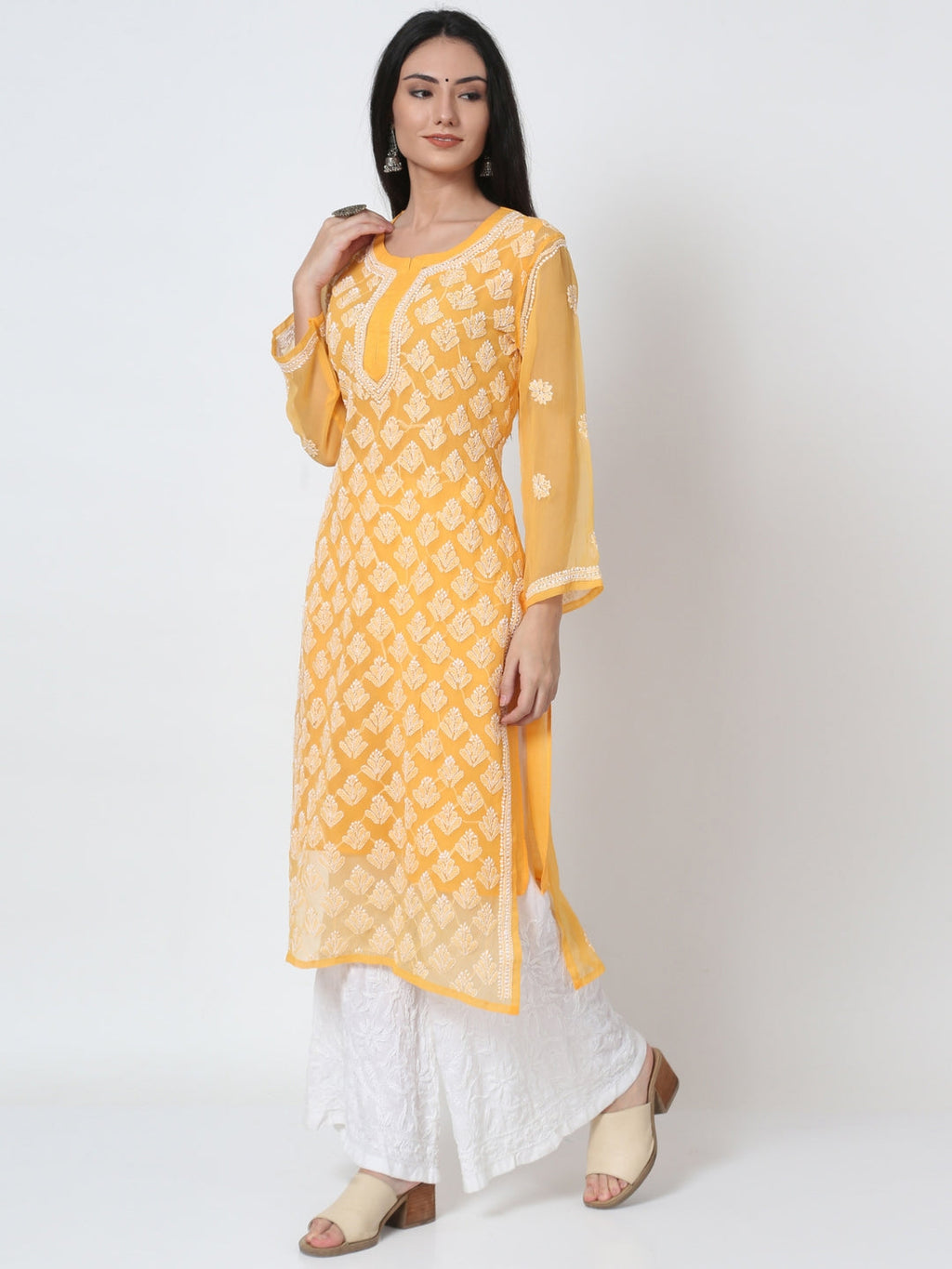 Mustard Marjan Georgette Booti Jaal Kurti & Inner