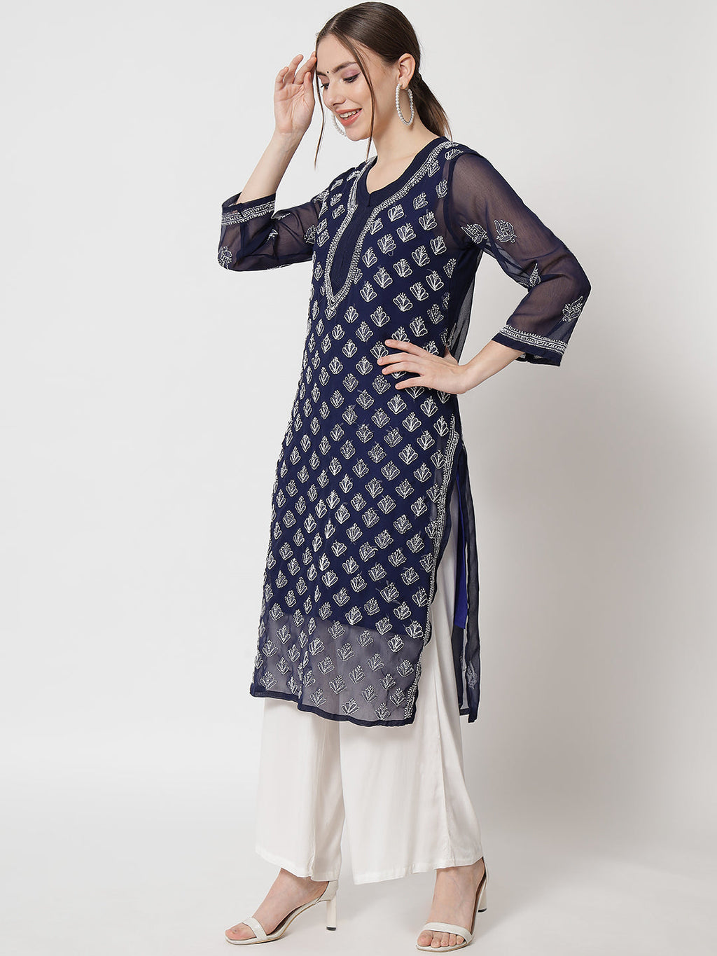 Navy Blue Marjan Georgette Booti Jaal Kurti & Inner