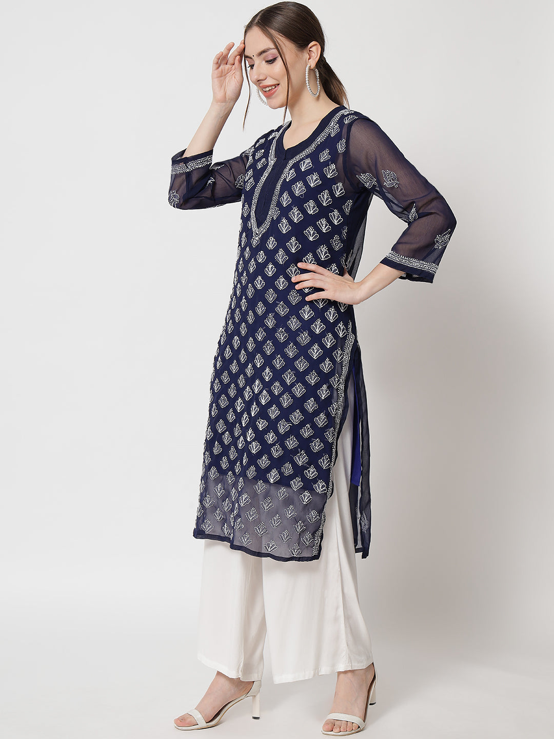 Navy Blue Marjan Georgette Booti Jaal Kurti & Inner