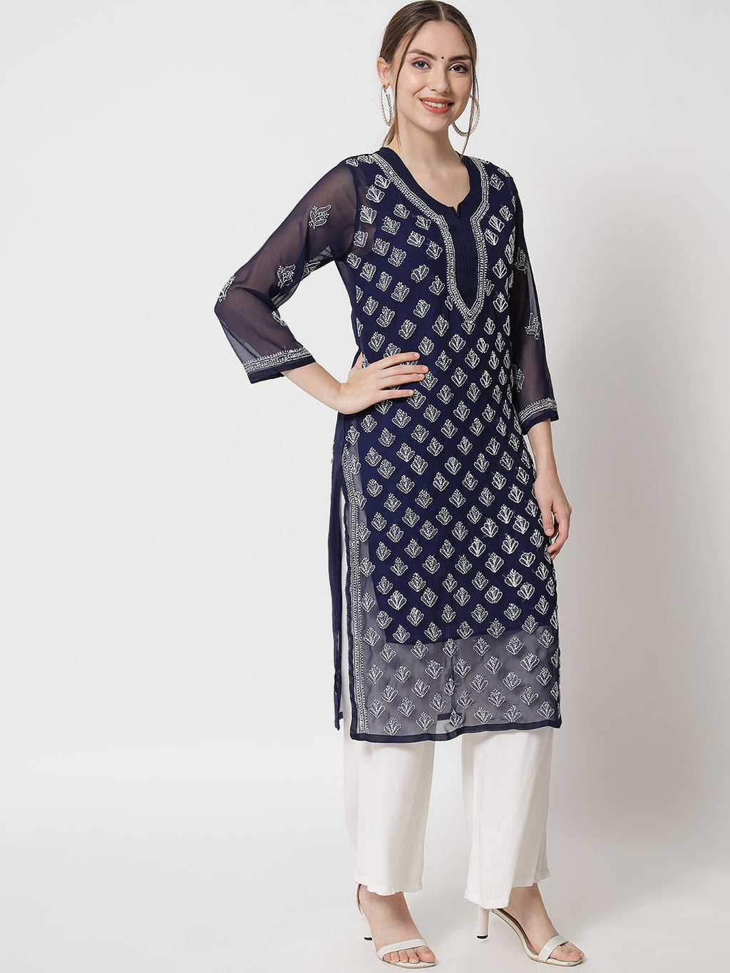 Navy Blue Marjan Georgette Booti Jaal Kurti & Inner