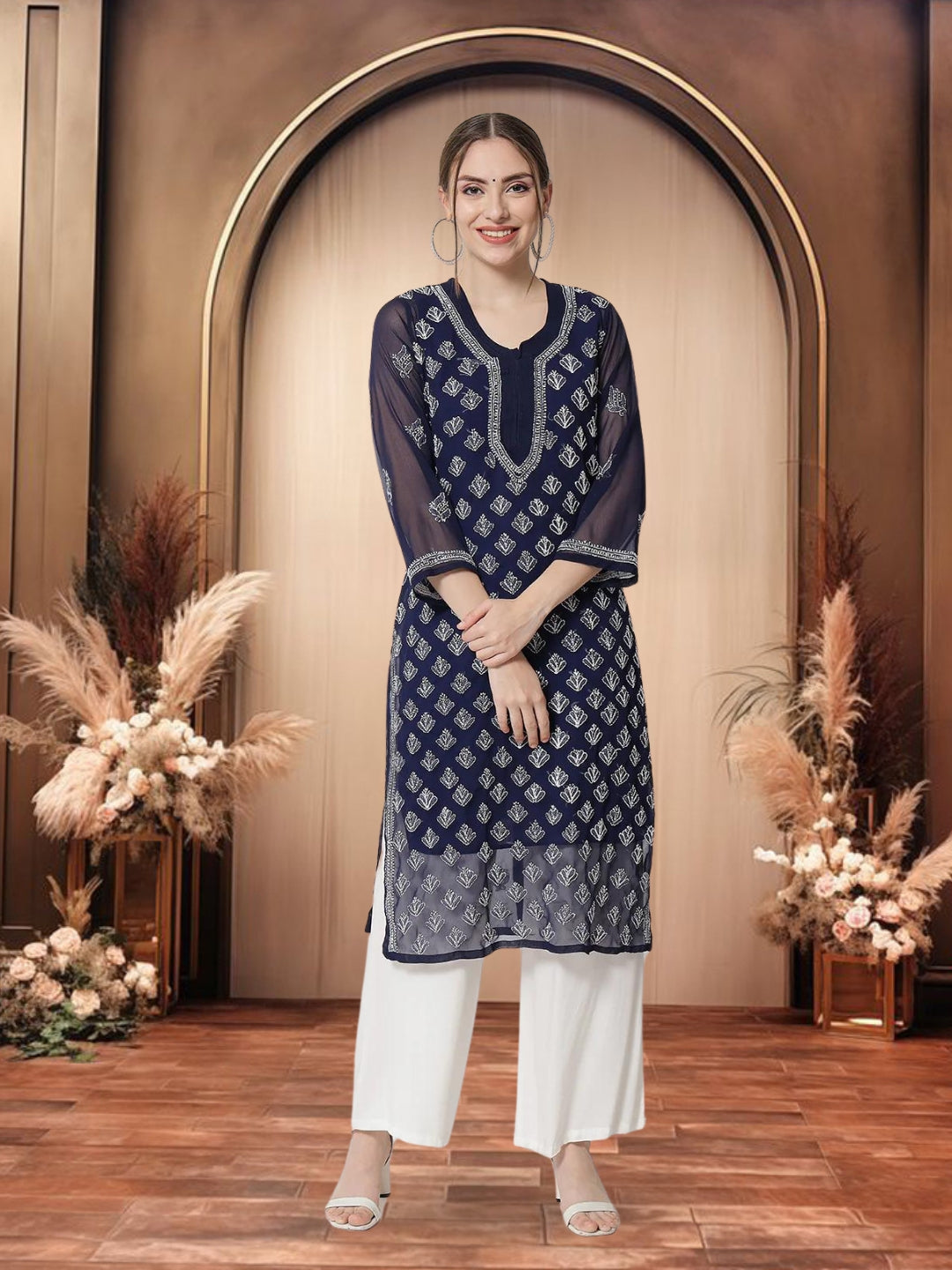 Navy Blue Marjan Georgette Booti Jaal Kurti & Inner