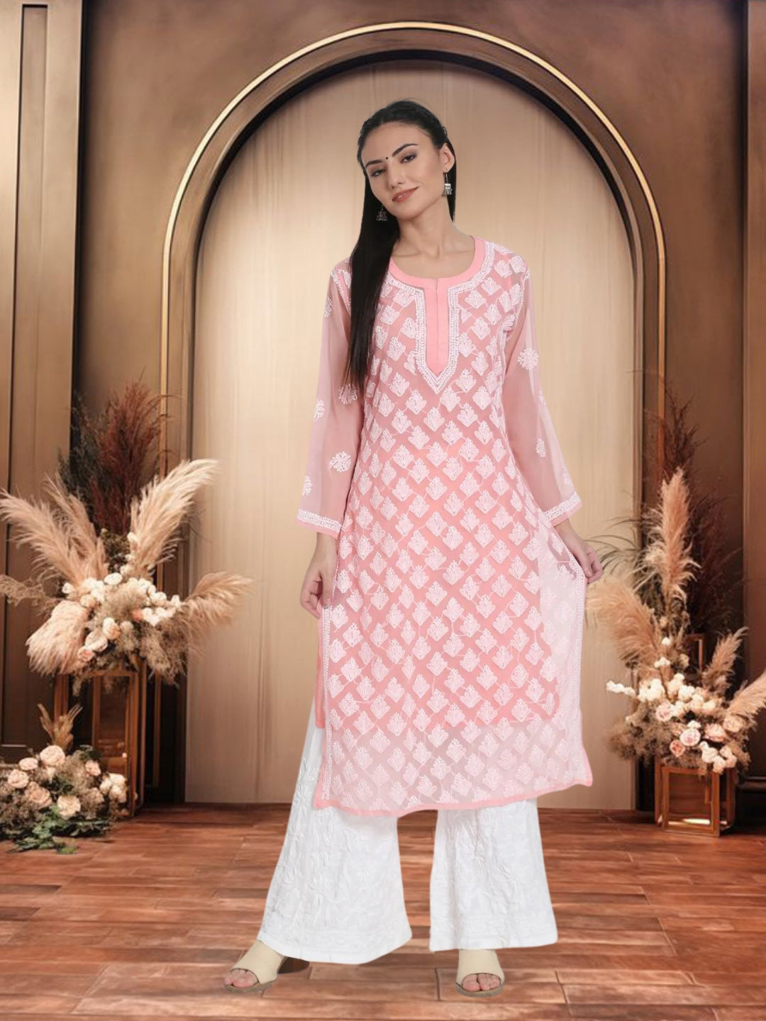 Peach Marjan Georgette Booti Jaal Kurti & Inner