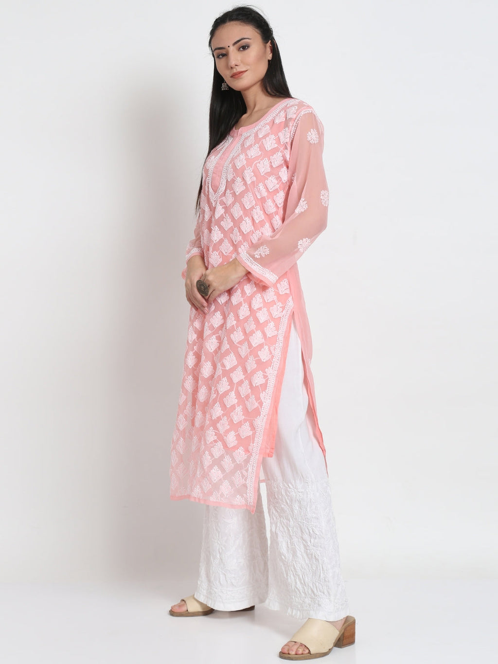 Peach Marjan Georgette Booti Jaal Kurti & Inner