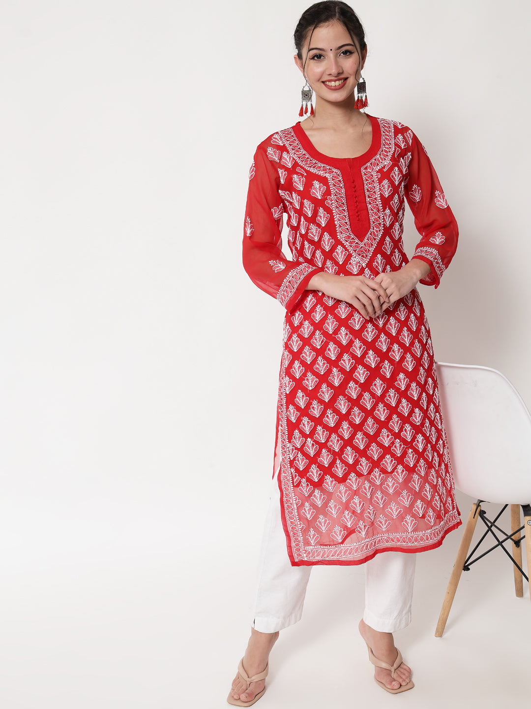 Red Marjan Georgette Booti Jaal Kurti & Inner