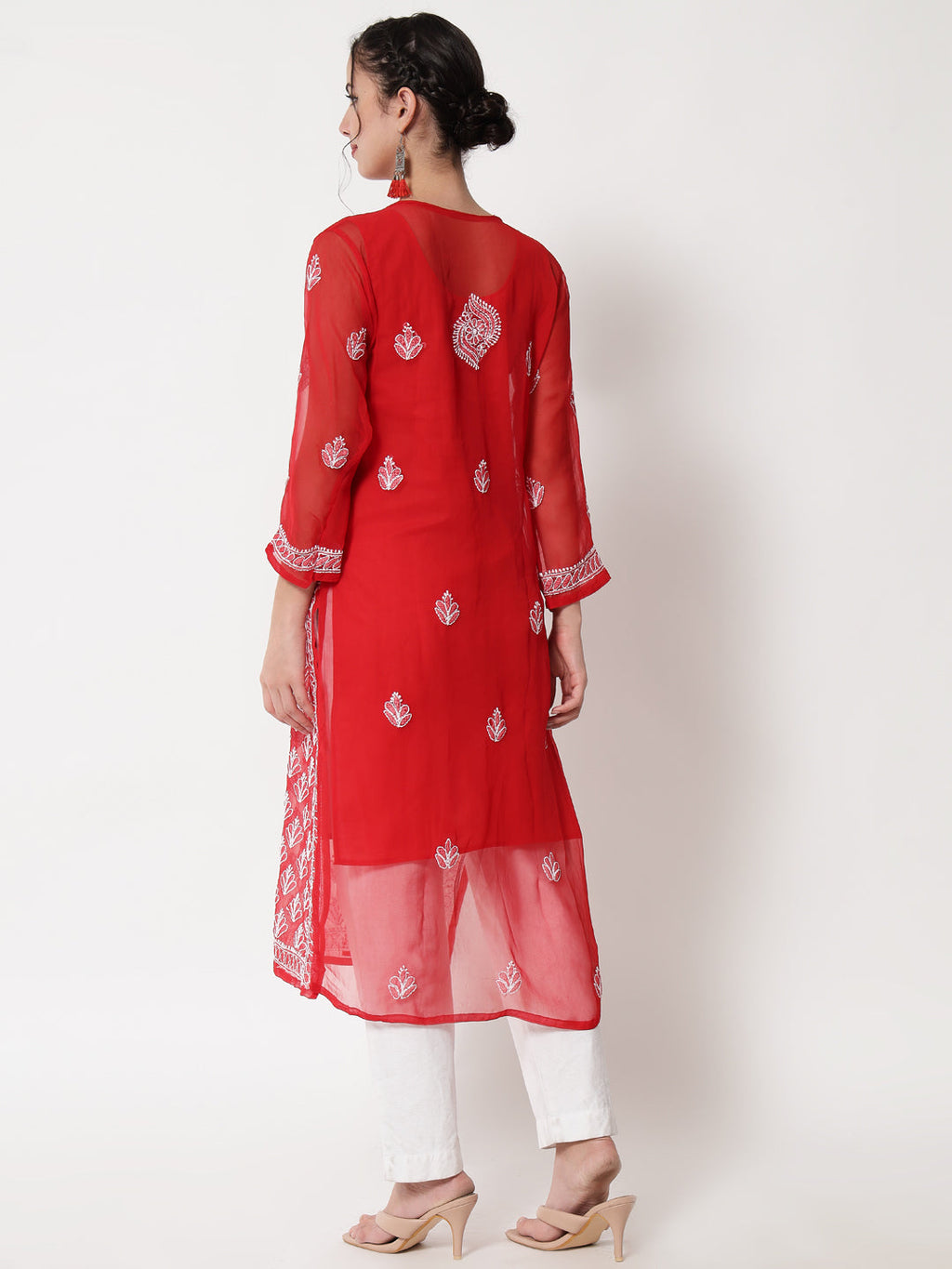 Red Marjan Georgette Booti Jaal Kurti & Inner