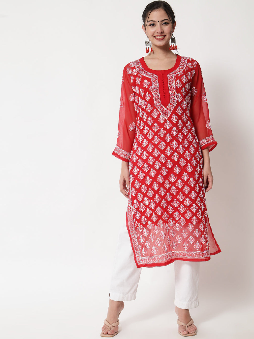 Red Marjan Georgette Booti Jaal Kurti & Inner