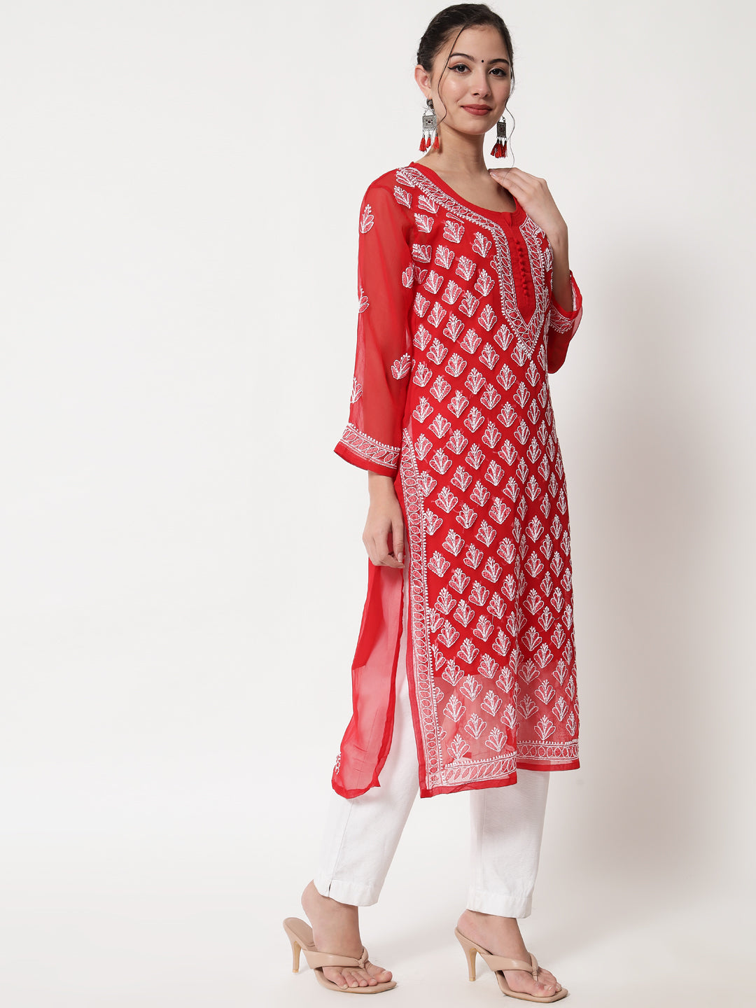 Red Marjan Georgette Booti Jaal Kurti & Inner