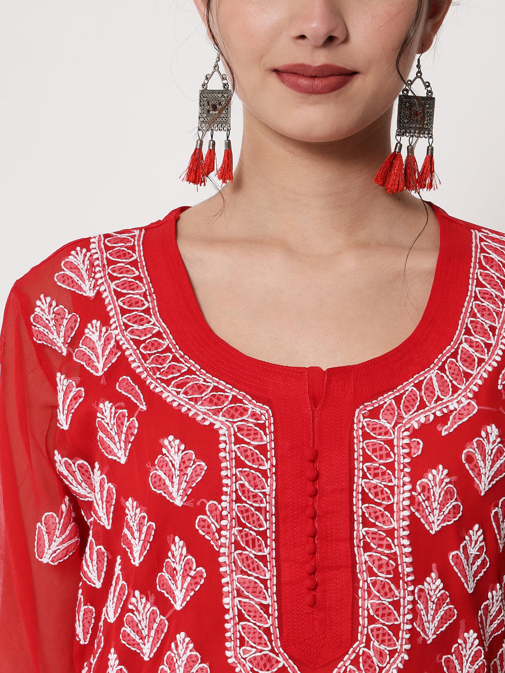 Red Marjan Georgette Booti Jaal Kurti & Inner