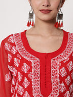 Red Marjan Georgette Booti Jaal Kurti & Inner