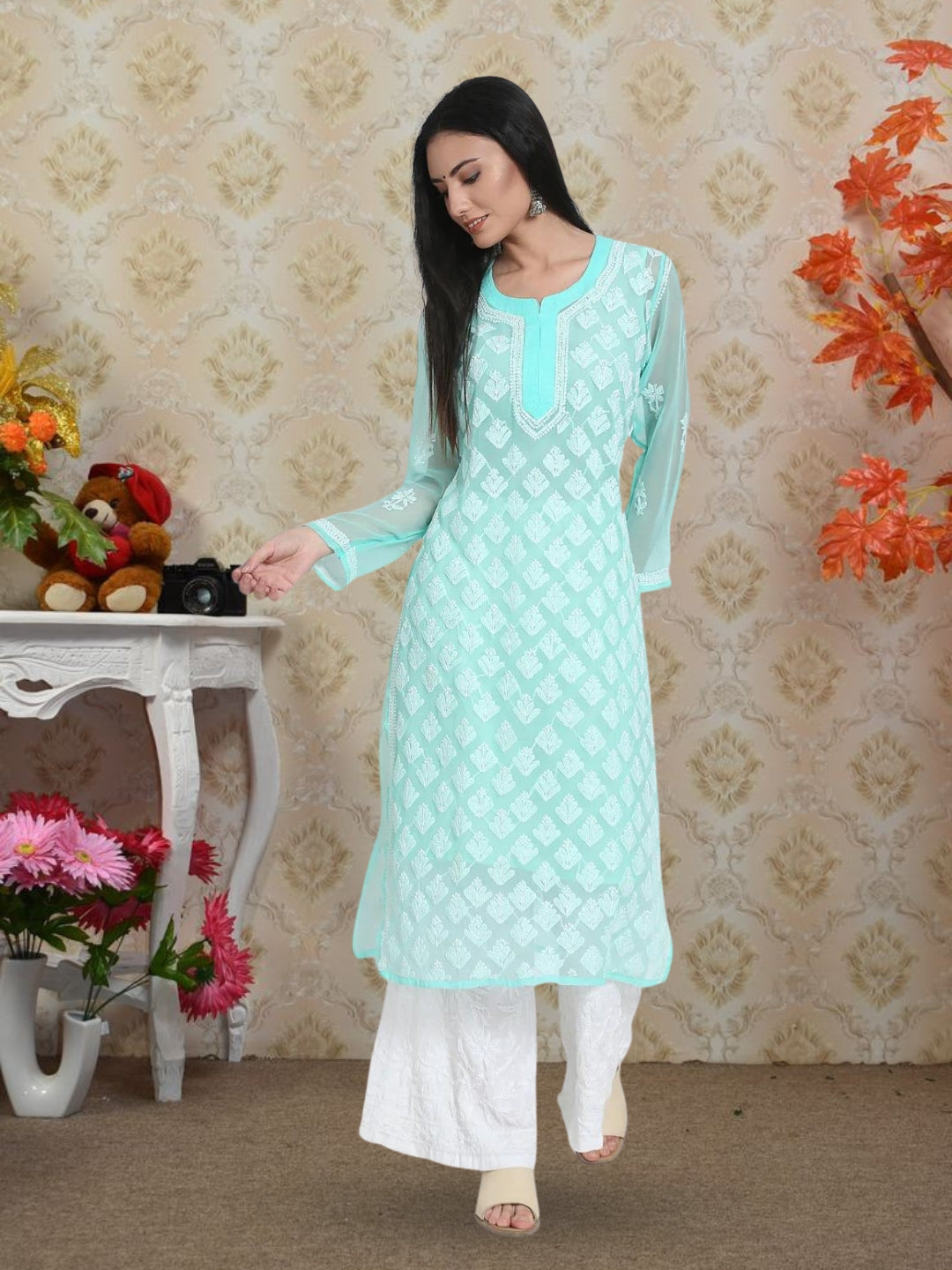 Sea Green Marjan Georgette Booti Jaal Kurti & Inner