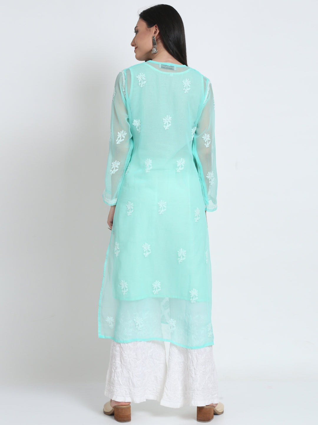 Sea Green Marjan Georgette Booti Jaal Kurti & Inner