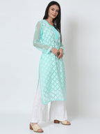 Sea Green Marjan Georgette Booti Jaal Kurti & Inner
