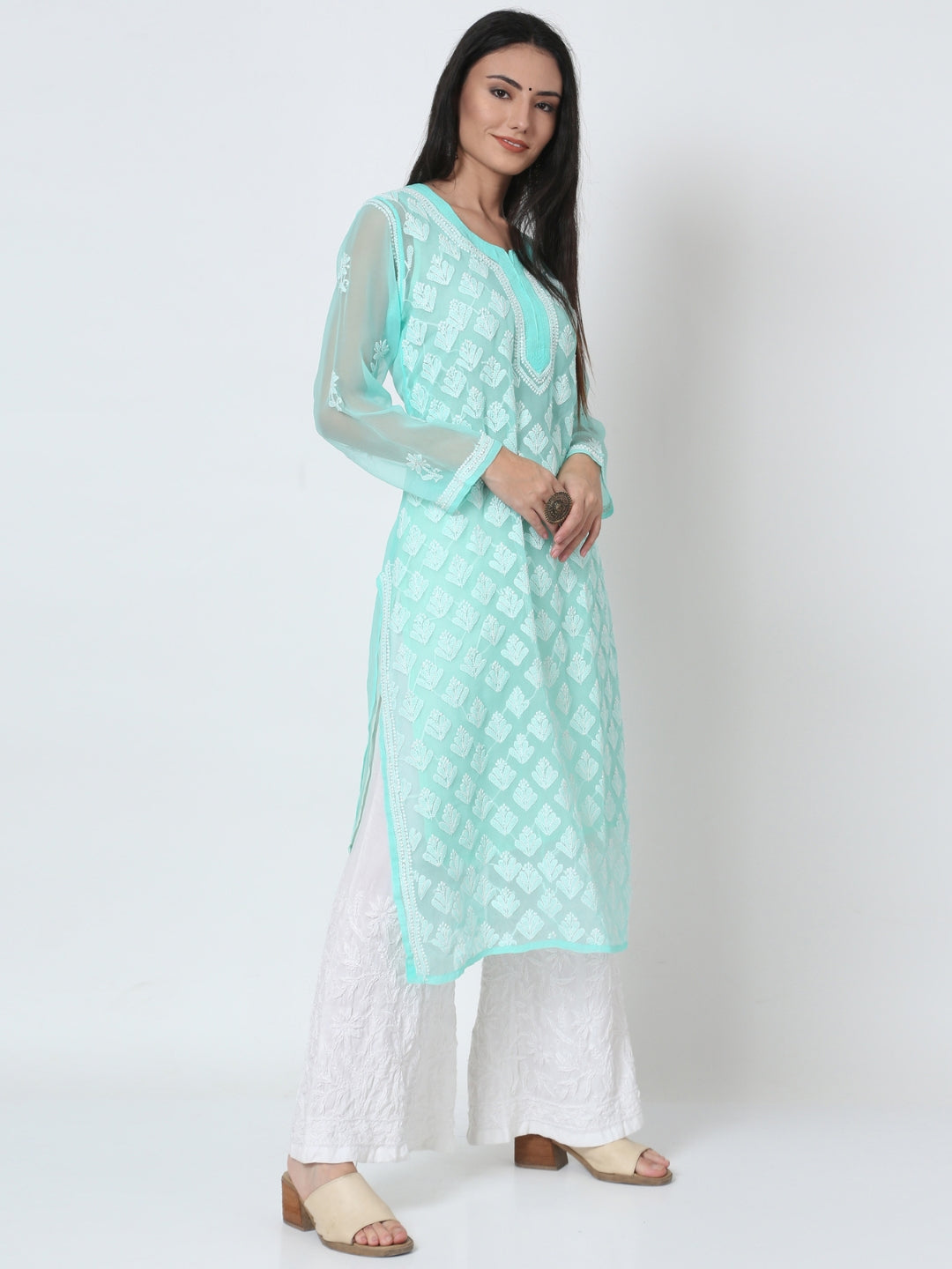 Sea Green Marjan Georgette Booti Jaal Kurti & Inner