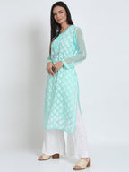 Sea Green Marjan Georgette Booti Jaal Kurti & Inner