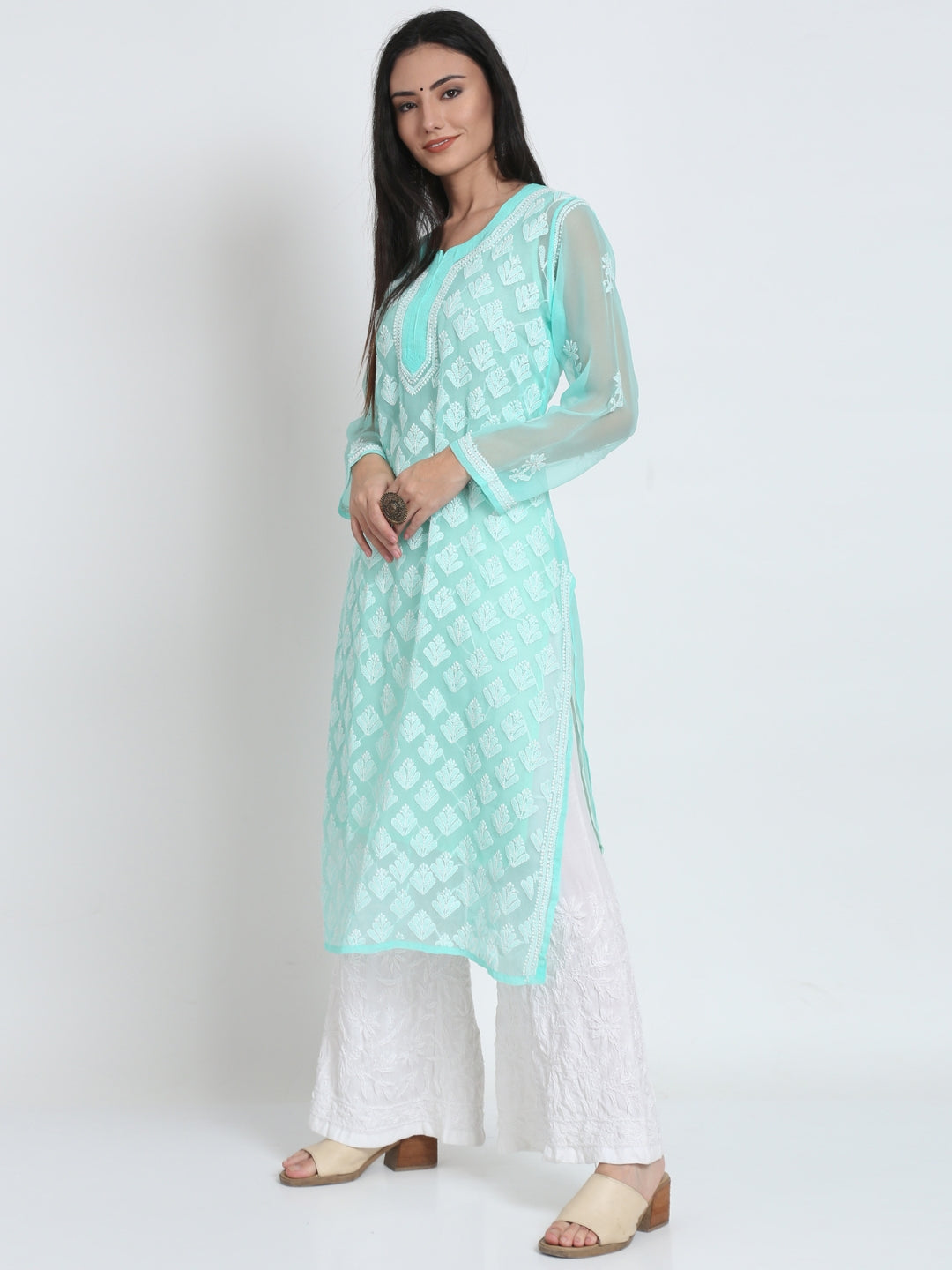Sea Green Marjan Georgette Booti Jaal Kurti & Inner