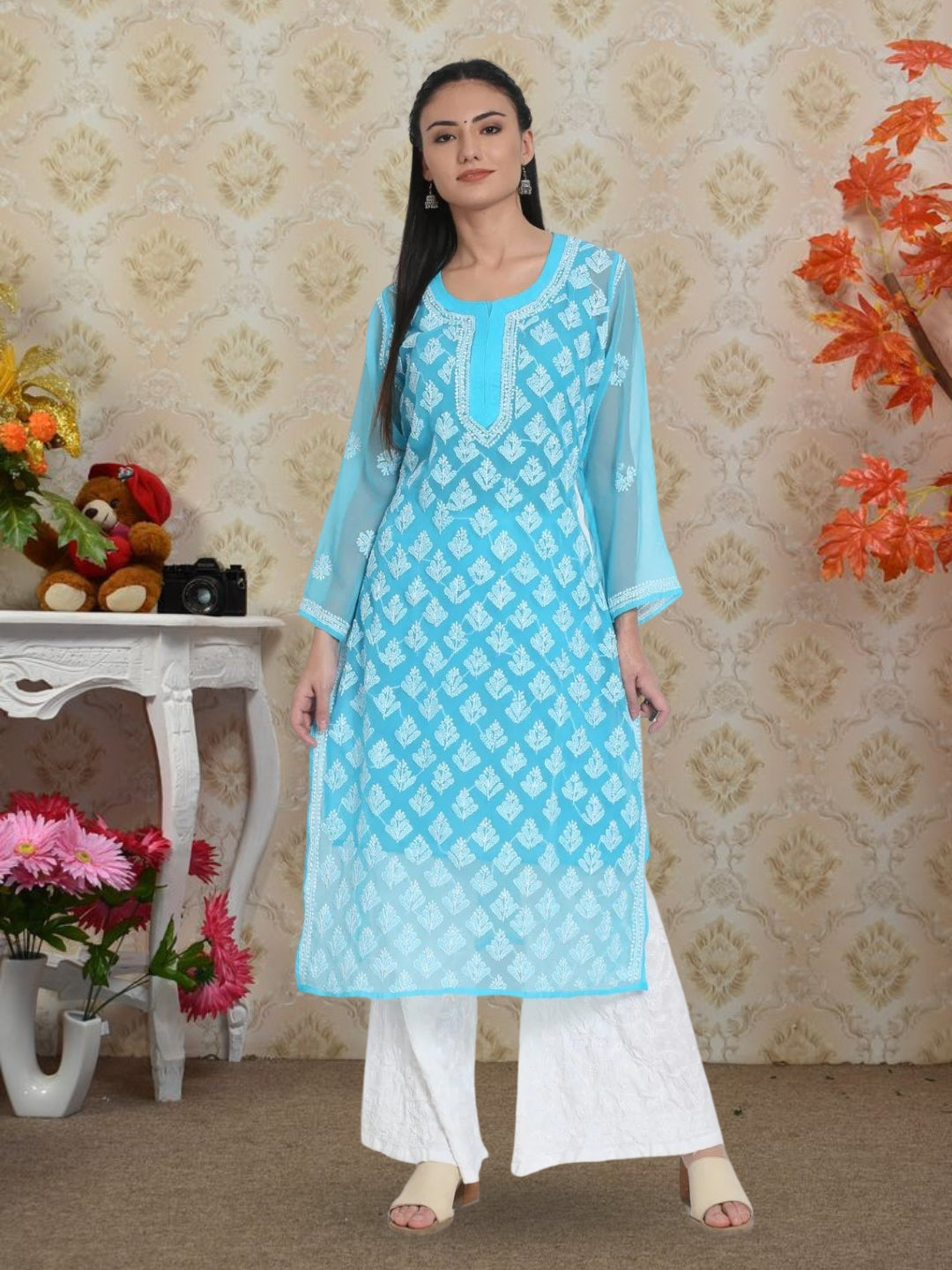 Sky Blue Marjan Georgette Booti Jaal Kurti & Inner