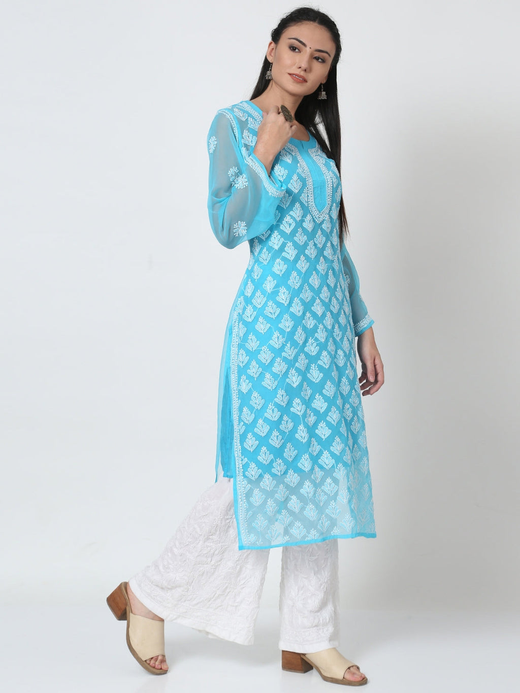 Sky Blue Marjan Georgette Booti Jaal Kurti & Inner