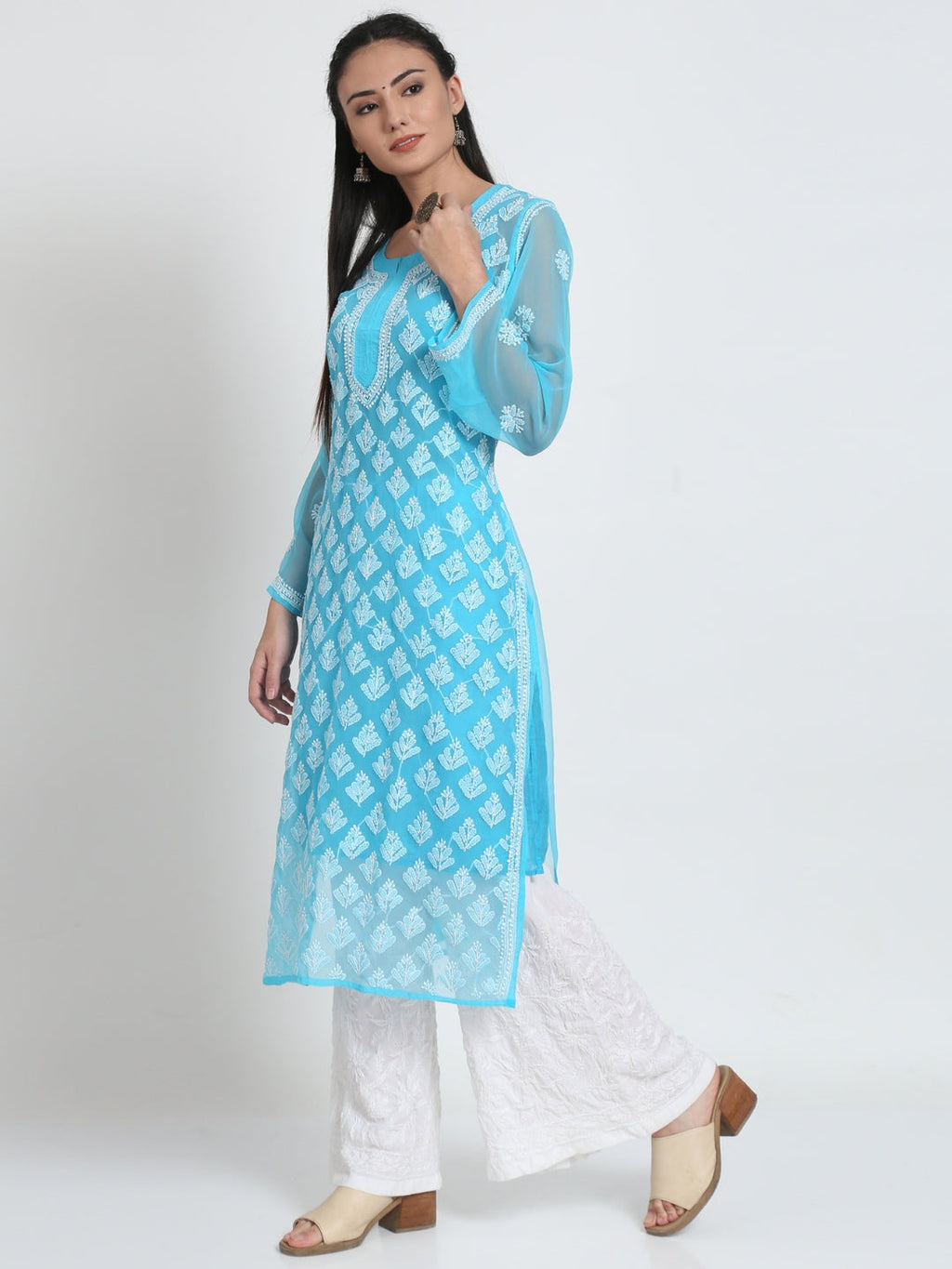 Sky Blue Marjan Georgette Booti Jaal Kurti & Inner