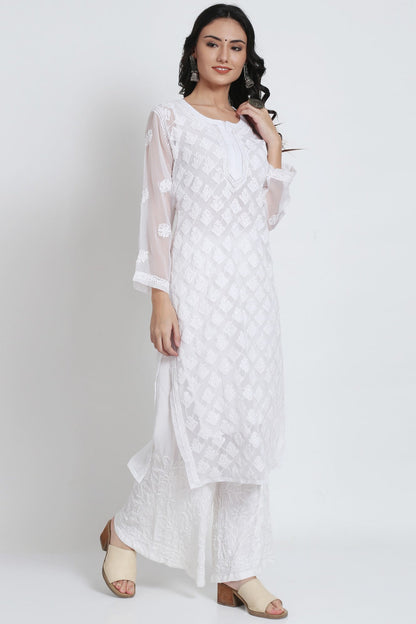 Chiffon Georgette White Chikankari Booti Jaal Kurti With Matching Cotton Inner