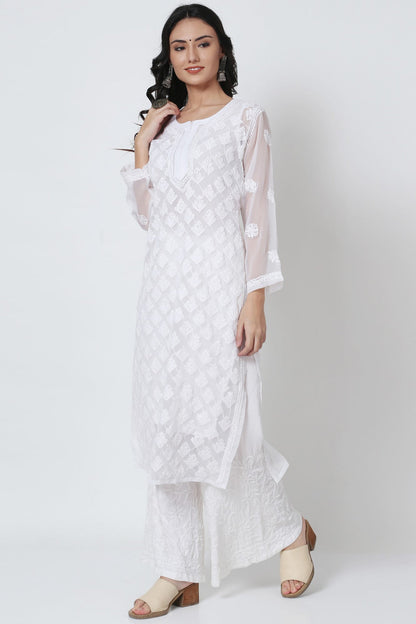 Chiffon Georgette White Chikankari Booti Jaal Kurti With Matching Cotton Inner