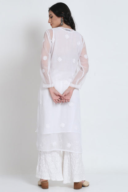 Chiffon Georgette White Chikankari Booti Jaal Kurti With Matching Cotton Inner
