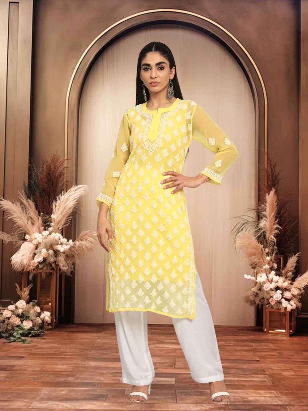 Yellow Marjan Georgette Booti Jaal Kurti & Inner