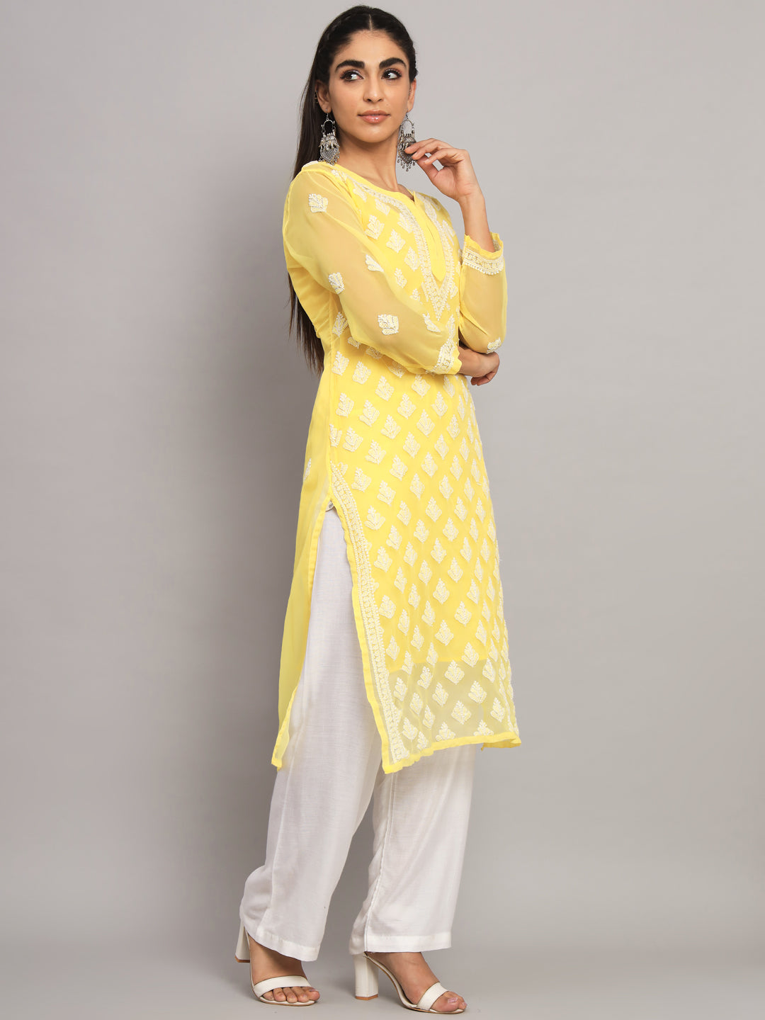 Yellow Marjan Georgette Booti Jaal Kurti & Inner