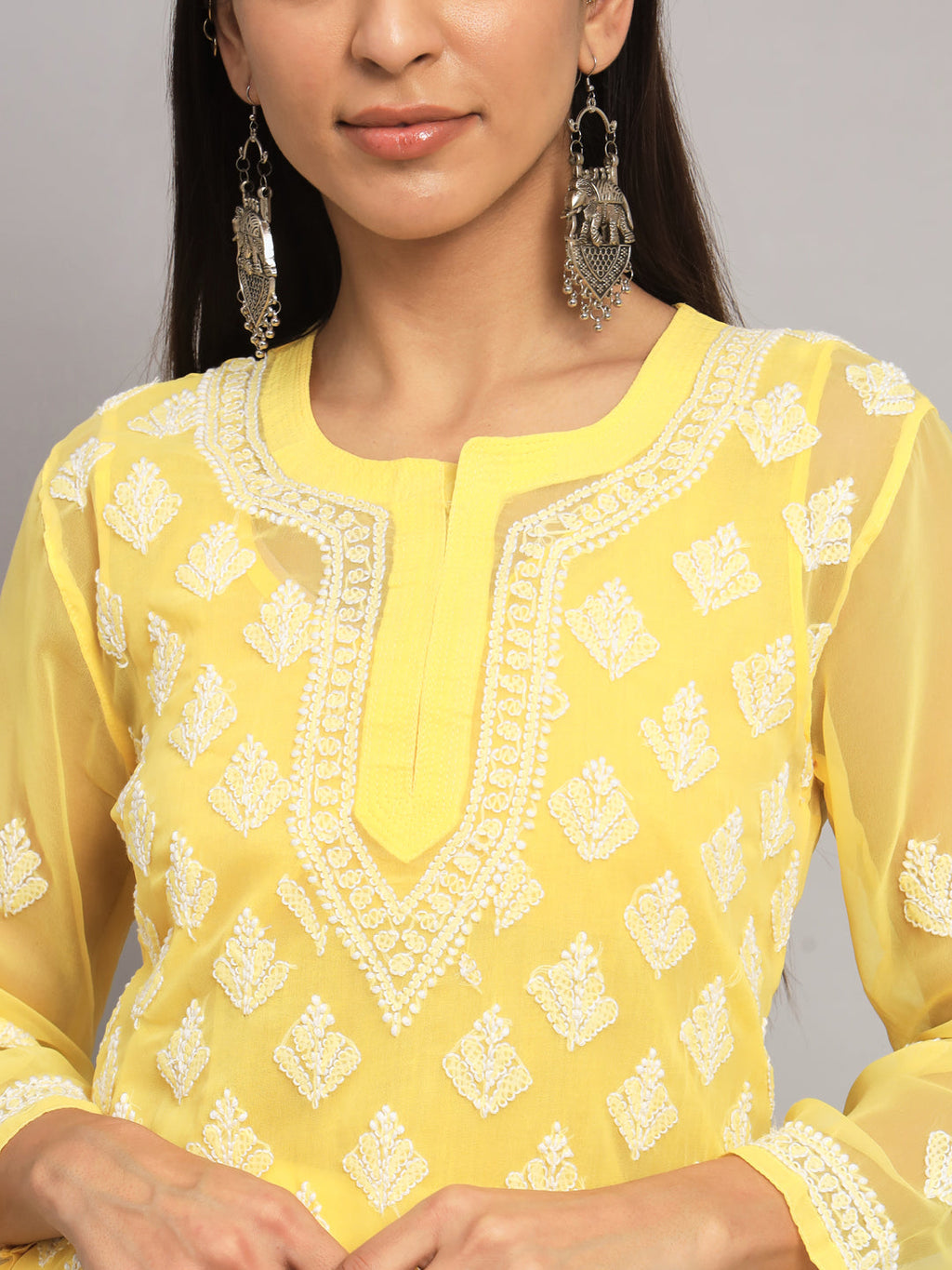 Yellow Marjan Georgette Booti Jaal Kurti & Inner