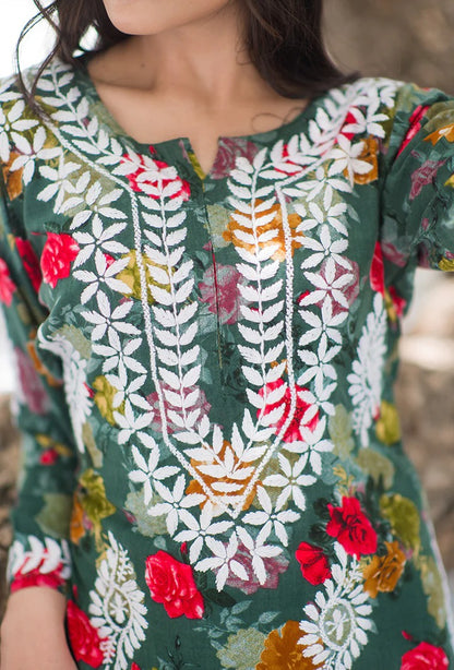 Nigaar Straight Fit Floral Print Rayon Kurti with Lucknowi Hand Embroidery for All Occasions