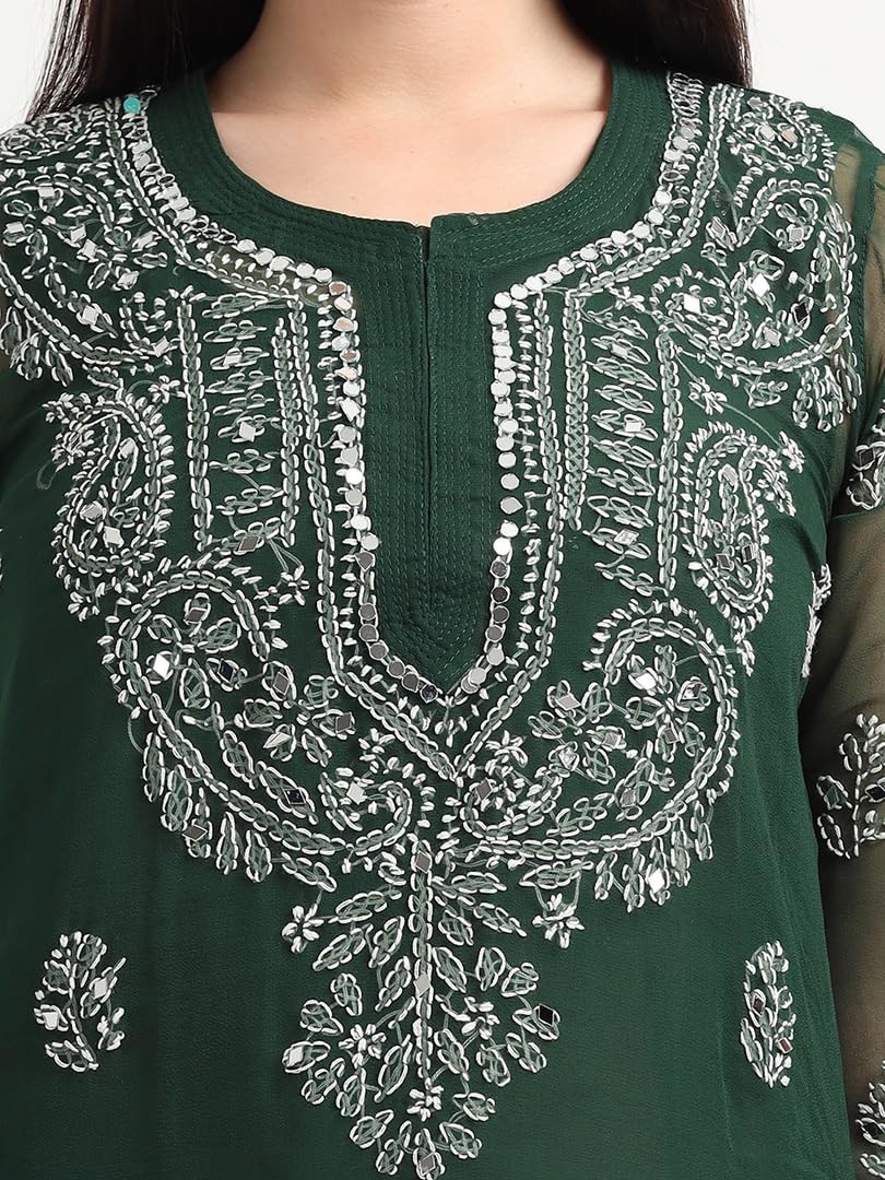 Bottle Green Gulbarg Mirror Work Chikankari Kurti with Inner
