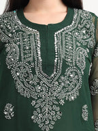 Bottle Green Gulbarg Mirror Work Chikankari Kurti with Inner