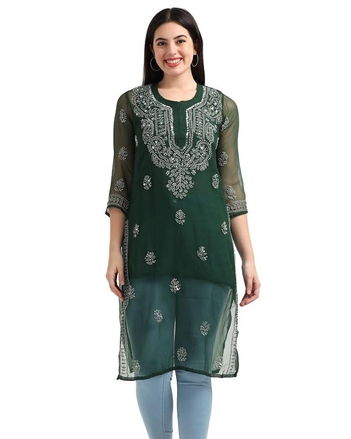 Bottle Green Gulbarg Mirror Work Chikankari Kurti with Inner