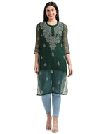 Bottle Green Gulbarg Mirror Work Chikankari Kurti with Inner