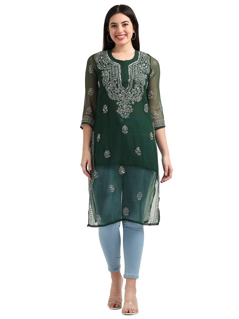 Bottle Green Gulbarg Mirror Work Chikankari Kurti with Inner
