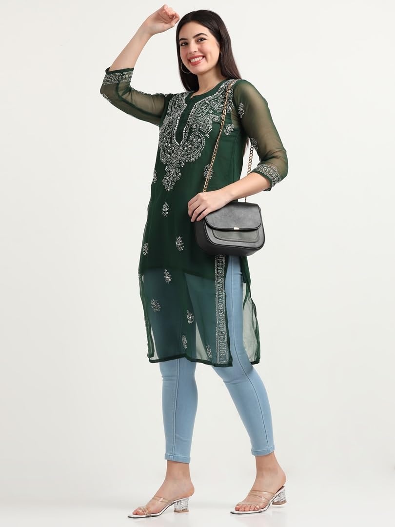 Bottle Green Gulbarg Mirror Work Chikankari Kurti with Inner