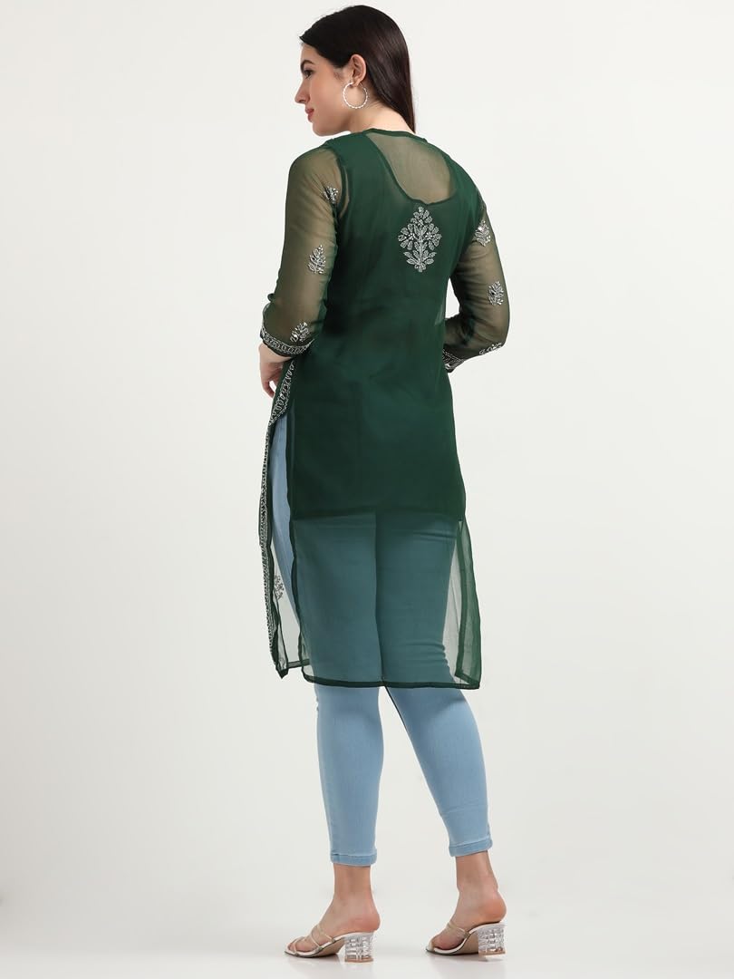 Bottle Green Gulbarg Mirror Work Chikankari Kurti with Inner