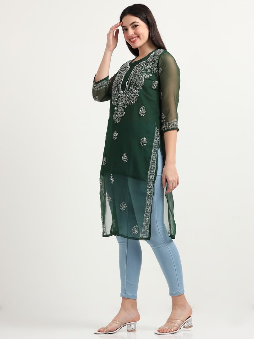 Bottle Green Gulbarg Mirror Work Chikankari Kurti with Inner