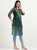 Bottle Green Gulbarg Mirror Work Chikankari Kurti with Inner