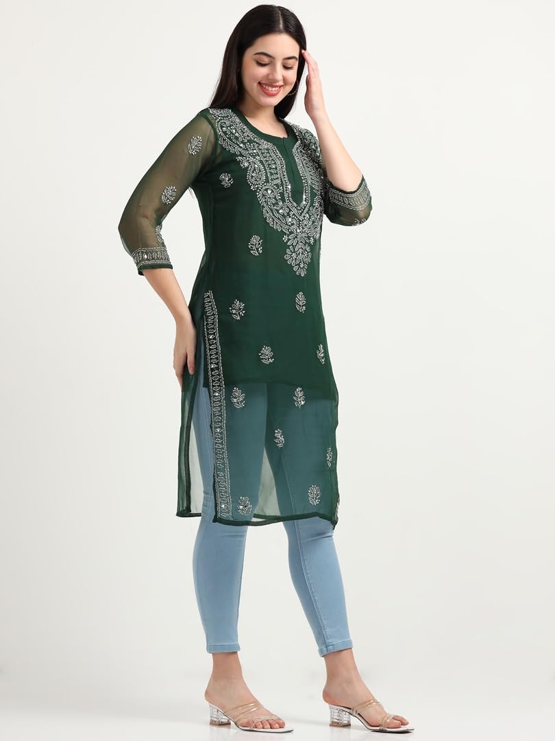 Bottle Green Gulbarg Mirror Work Chikankari Kurti with Inner