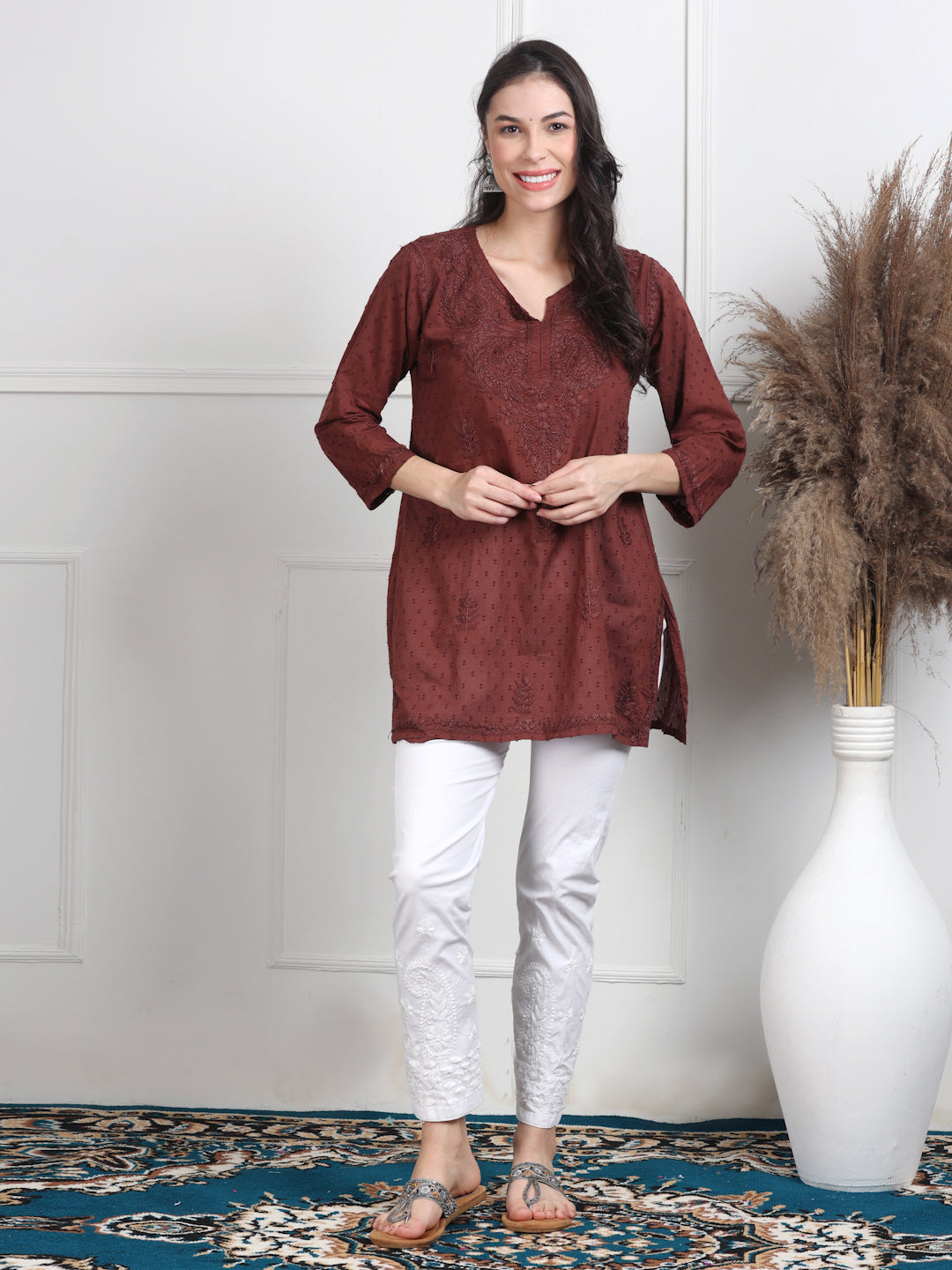 Brown Nuzhat Dyed Short Cotton Top/Kurti